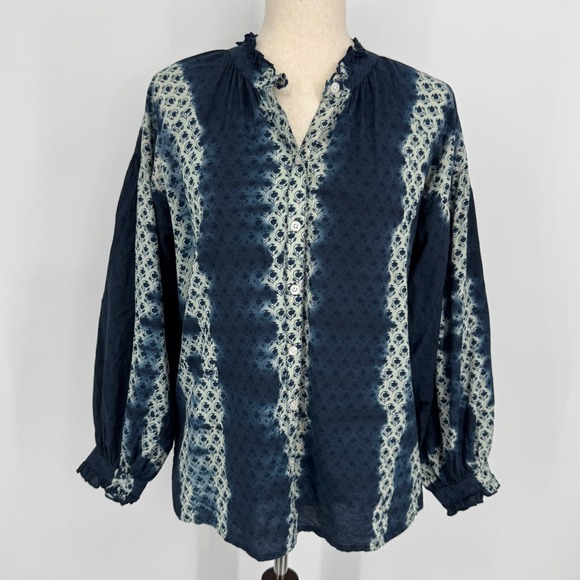 Madison Mathews Tops - Madison Mathews Tie Dye Button Front Top Medium Navy Blue Boho Coastal Cotton